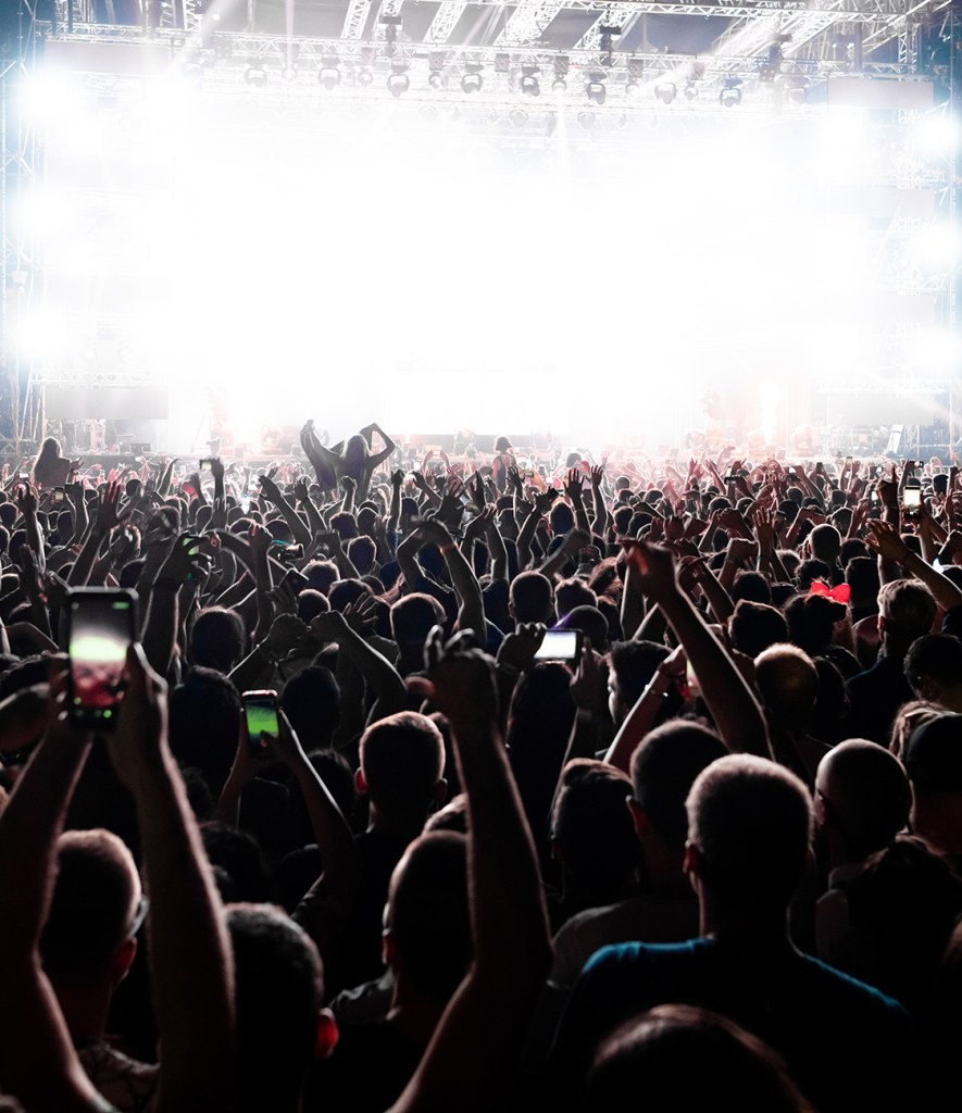 Rear view of large group of people having fun on music festival at night.